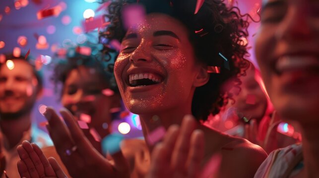 A team of colleagues in delight, clapping and laughing together in celebration, random vibrant background, medium shot