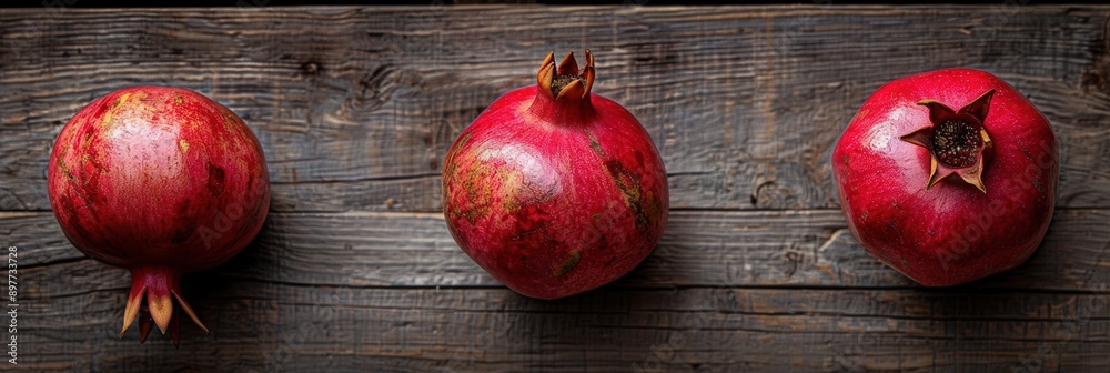 Poster three whole ripe pomegranates with visible seeds lay on a rustic wooden table.