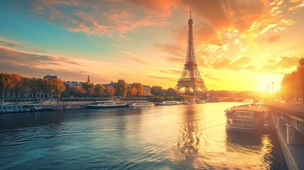 Obraz premium Eiffel Tower at sunset in Paris, France. Romantic travel background. Generative AI