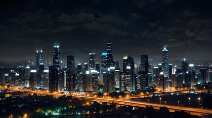 A contemporary metropolis including a wireless network connection and a cityscape design. Concept of wireless network and connection technologies with a nighttime metropolitan backdrop.