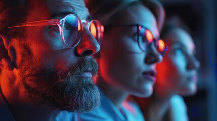 Three people, wearing glasses, look intently in the same direction. Red and blue light illuminates their faces.