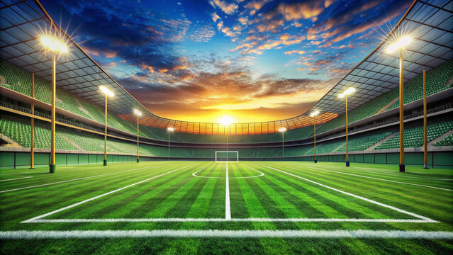 Vibrant green grass stretches across a crisp white-lined football field, adorned with stylized goalposts and subtle shading, creating a dynamic illustrated sports scene.