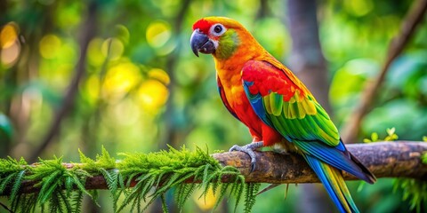A Vibrant Sun Conure Perched on a Branch, Green Foliage Background, Close-up Shot, Bird, Parrot, Nature, Wildlife