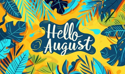 text "Hello August" with summer beach waves and tropical leaves in vibrant colors of yellow, blue, green and orange Generative AI