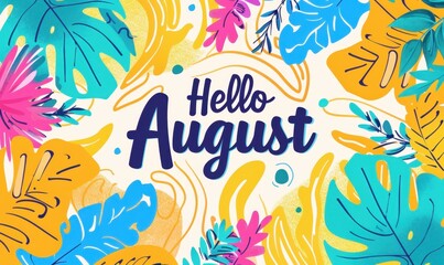 "Hello August" with a background featuring beach waves and tropical leaves in bright yellow, blue, green, orange, pink, and purple colors Generative AI