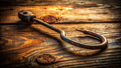 A sinister rusty old hook with subtle shadows and highlights lies abandoned on a worn wooden surface, evoking feelings of deceit and dishonesty.