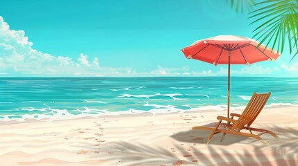 Chaise lounge and umbrella on sand beach.