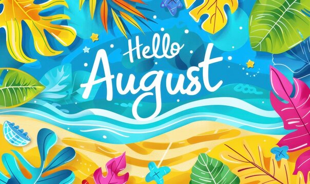 "Hello August" with a background featuring beach waves and tropical leaves in bright yellow, blue, green, orange, pink, and purple colors Generative AI