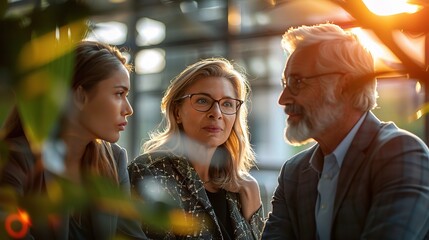 Golden Hour Business Discussion: A multigenerational team engages in a focused conversation, bathed in the warm glow of a setting sun