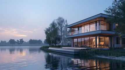 Obraz premium 3d rendering of modern house by the river at evening.