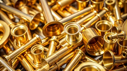 Close Up of Shiny Brass Tubing and Fittings, Industrial Metal, Manufacturing, Machine Parts, Brass Hardware