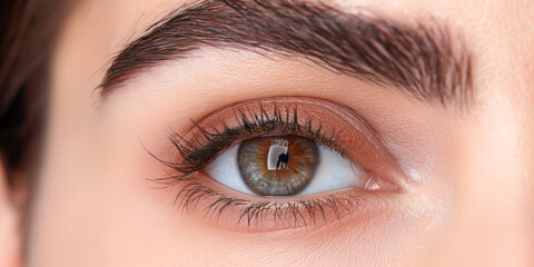 Obraz premium A highly detailed close-up of a human eye, showcasing the intricate patterns and colors of the iris, with long eyelashes and well-groomed eyebrows