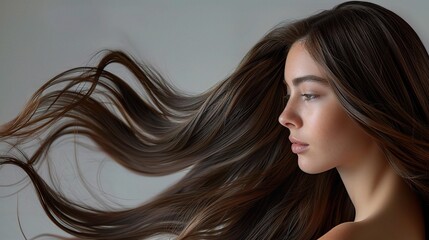 Fototapeta premium Effortless Beauty: Long, flowing, brown hair cascades down a woman's back in a captivating profile shot, capturing the essence of natural elegance and graceful movement. 
