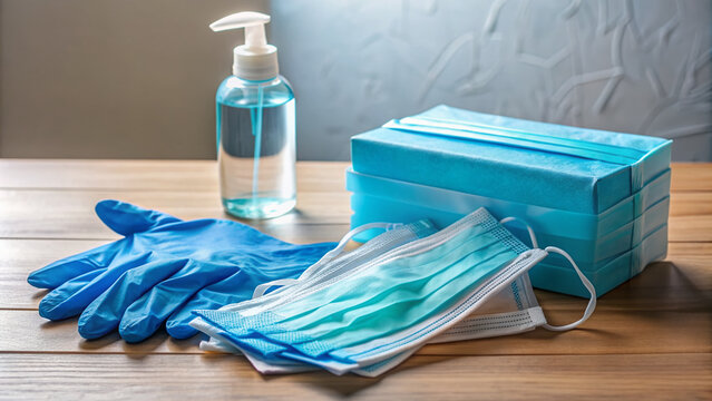 Medical protective gloves and face masks lie on a table next to a box of disposable sanitizing wipes and a bottle of hand sanitizer. - Powered by Adobe