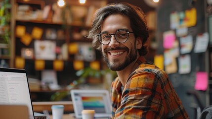 Fototapeta premium Smiling Creative: A young man with long hair and a beard, wearing glasses and a plaid shirt, smiles confidently at the camera while sitting at his desk