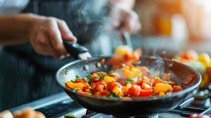 A chef is actively cooking vibrant vegetables in a pan on a stovetop, showcasing the art of culinary preparation, with steam and spices adding to the vibrant and dynamic kitchen setting.