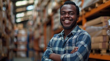 Obraz premium Confident Warehouse Professional: A portrait of a young, Black man in a distribution center, radiating confidence with a warm smile and arms crossed.