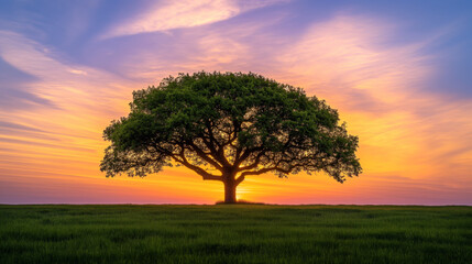 Fototapeta premium A solitary, majestic tree stands silhouetted against a vibrant sunset sky, with sprawling branches and a field of green grass below