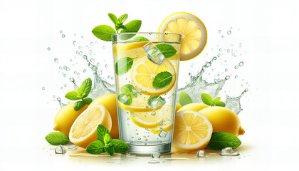 A refreshing glass of lemon water is surrounded by fresh lemons, mint leaves, and ice cubes.