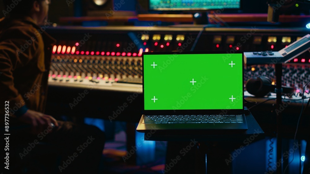 Poster Skilled audio technician processing and mixing sounds next to mockup display on laptop, using variety on knobs, buttons and sliders to edit audio recordings and produce new music. Camera A.