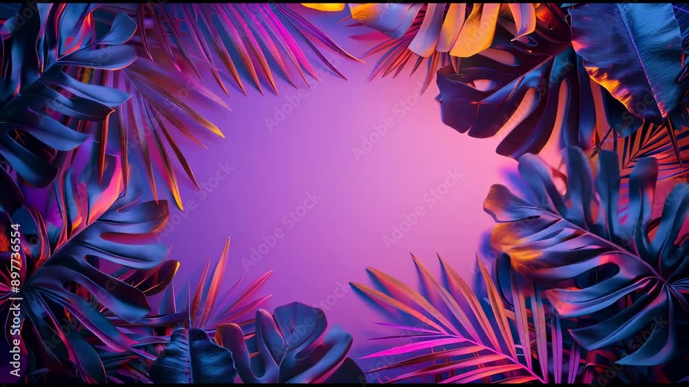 Wall mural dynamically drawn neon frame between palm trees.