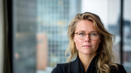 Fototapeta premium A contemplative businesswoman with blonde hair and glasses stands before a window overlooking an urban cityscape, exuding confidence and focus - Generative AI