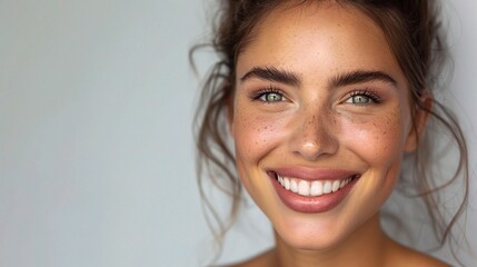 Naklejka premium Happy woman, face and teeth on mockup for dental, beauty or hygiene against a grey studio background. Portrait of female person or model big smile for skincare cosmetics