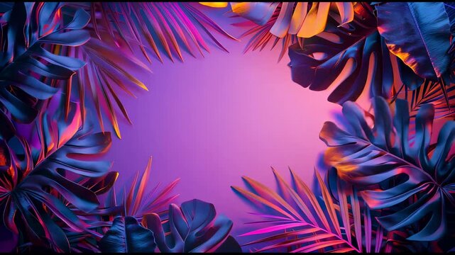 Dynamically drawn neon frame between palm trees.