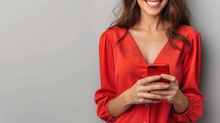 Naklejka premium Red Hot Connection: Smiling woman in red, engrossed in her smartphone against a neutral background.