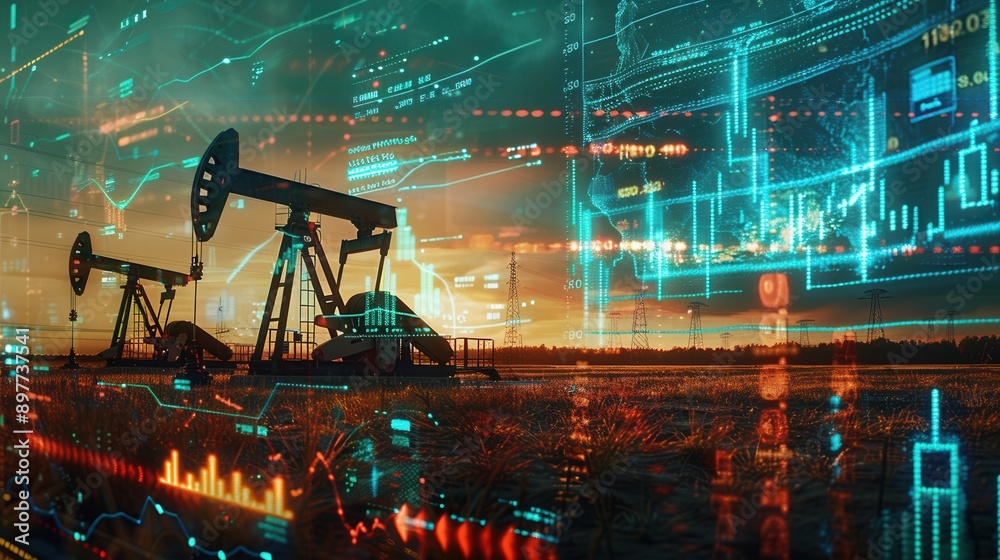 Poster Two oil pumps stand in a field at sunset, overlaid with a digital screen displaying financial chart graphs.