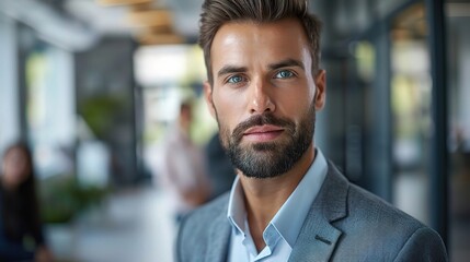 Obraz premium Confident Businessman Portrait: A close-up portrait of a charismatic businessman with a determined gaze, exuding confidence and professionalism in a modern office setting. 