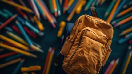 An orange backpack is placed atop a dark table surrounded by an assortment of brightly colored pencils, creating a vibrant and lively scene perfect for school-themed content.