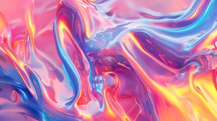 Vibrant swirling liquid texture with colorful pink, blue, purple, orange, and yellow hues. Modern and energetic design with iridescent, holographic wave pattern