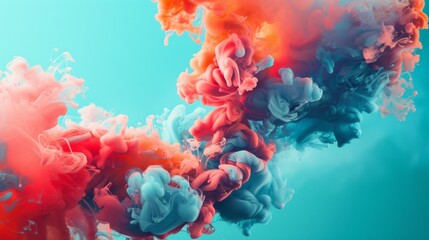 Abstract shapes and patterns created by red and blue ink mixing in water on a blue background