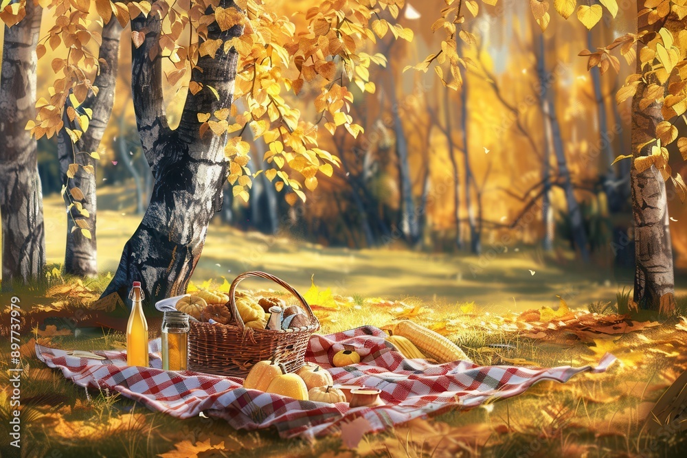 Poster a checkered blanket, a basket full of food and drink, and a backdrop of golden trees create the perf