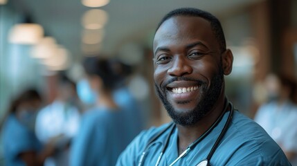 Fototapeta premium Confident Caregiver: A portrait of a smiling Black male nurse in a bustling hospital setting, radiating warmth, competence, and dedication to patient care. 