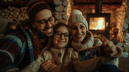 Happy family wearing winter clothes taking a selfie in a cozy wooden cabin with fireplace in the background