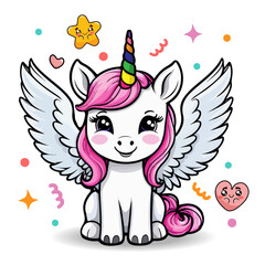 Cute Cartoon Pony Unicorn with pink hair and rainbow horn cartoon illustration isolated on white. Baby Pony for kids print design on tee shirt or pajamas. Kids cartoon art