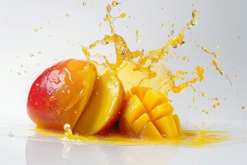 Naklejka na ściany i meble Whole and sliced mango with juice splash on white background, isolated photography