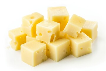 Sliced cheese cubes on white background for food photography and culinary design