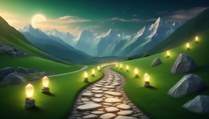 A road made of stones on a green grass meadow creates a path, leading to far mountains and valleys, glowing lamps all along the path, a path to success concept created with generative ai.