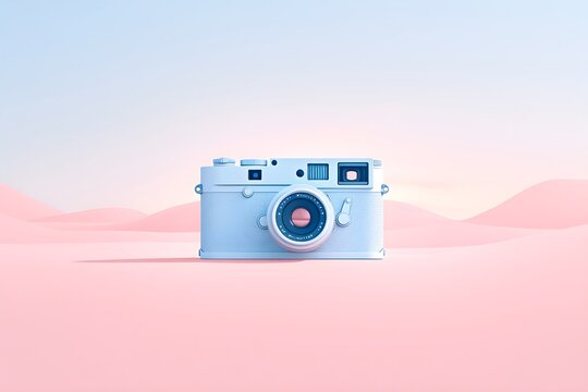 Retro camera on pastel blue and pink background. Vintage professional device for capturing, photographer equipment. World Photography Day. International Photographer Day
