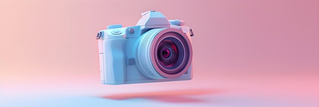 Retro camera on pastel blue and pink background. Vintage professional device for capturing, photographer equipment. World Photography Day. International Photographer Day