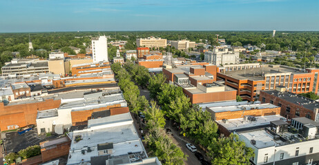 Aerial view of Fayetteville North Carolina downtown business district, main street in Cumberland county First Baptist Church. government buildings