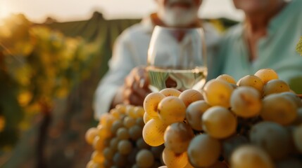 A senior couple enjoying a toast with white wine in a picturesque vineyard, celebrating togetherness and the beauty of life’s simple pleasures amid lush grapes.