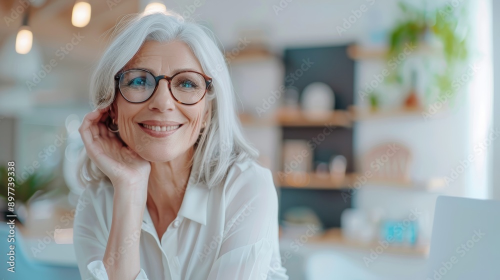 Wall mural photo of mature woman with spectacles, eye test, optometry clinic wellness, choice and prescription 