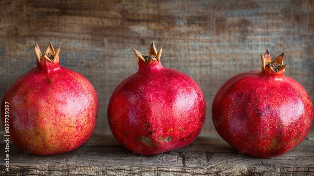 Poster three red pomegranates with visible seeds rest on a rustic wooden background.