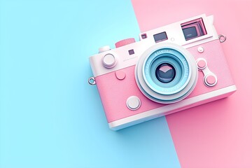 Retro camera on pastel blue and pink background. Vintage professional device for capturing, photographer equipment. World Photography Day. International Photographer Day