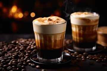 Coffee beans being ground in a coffee machine. Freshly brewed coffee aroma fills the air.