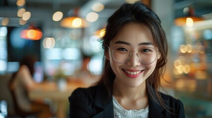 Obraz premium Confident and Radiant: A young woman in glasses, with a warm, genuine smile, radiates confidence in a portrait shot. 